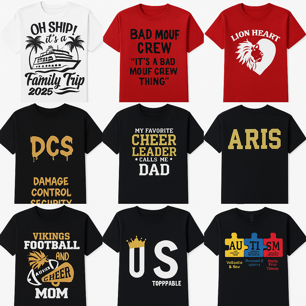 third row of customized shirts